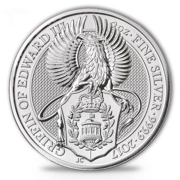 Motivseite Queen's Beasts Griffin of Edward III 2 Unzen Silber 2017