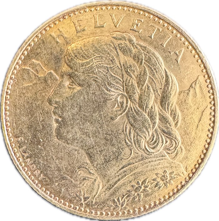 Vorderseite der 10 Franken Vreneli Goldmünze mit dem Porträt der Helvetia.