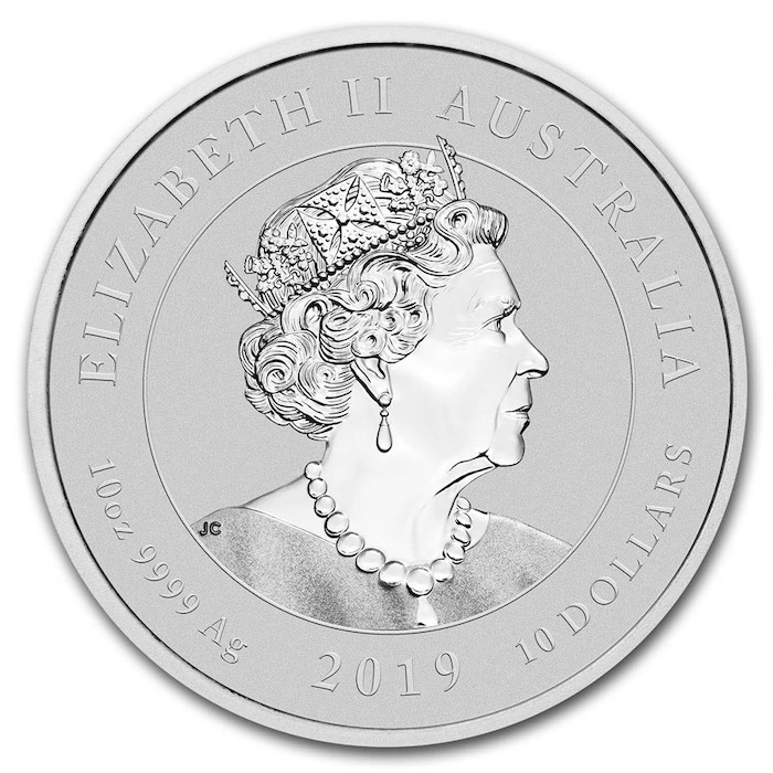 Wertseite der 10 oz Silbermünze Dragon & Phoenix 2019 mit Queen Elizabeth II.