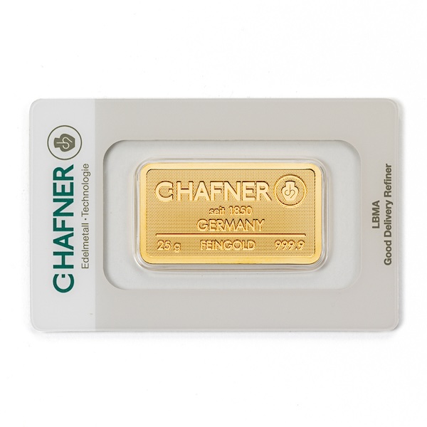 C. Hafner 25 Gramm Goldbarren geprägt in Certicard