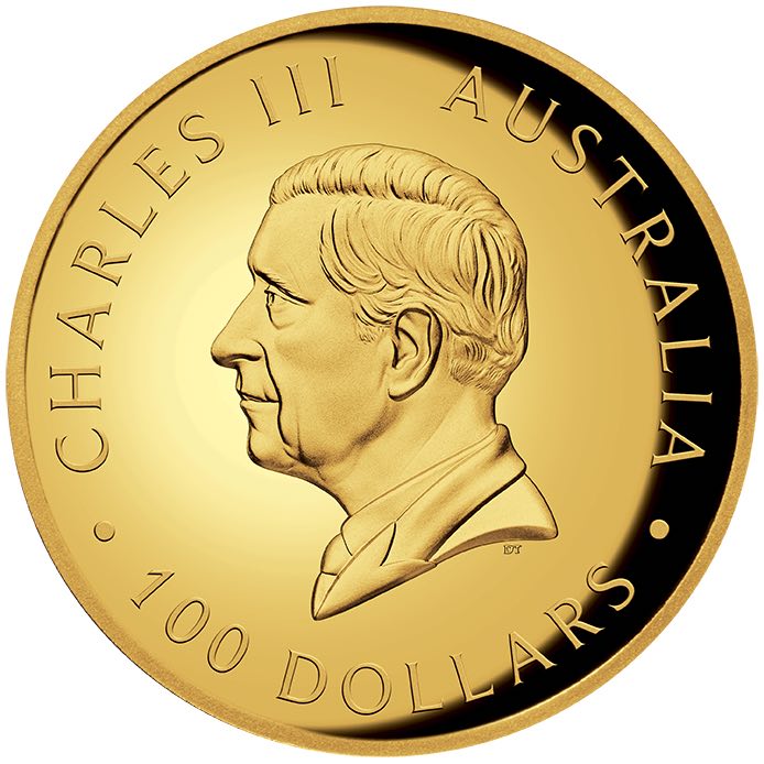 Rückseite der 1 oz Goldmünze Koala 2024 High Relief mit King Charles III. Porträt.