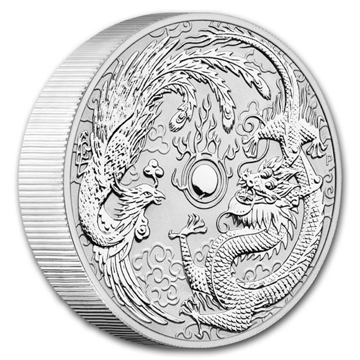 Motivseite der 10 oz Silbermünze Drache & Phönix 2019 von der Perth Mint.