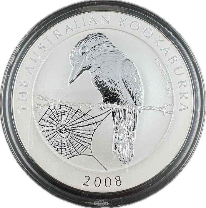 Motivseite der 10 oz Silbermünze Australien Kookaburra 2008 der Perth Mint.