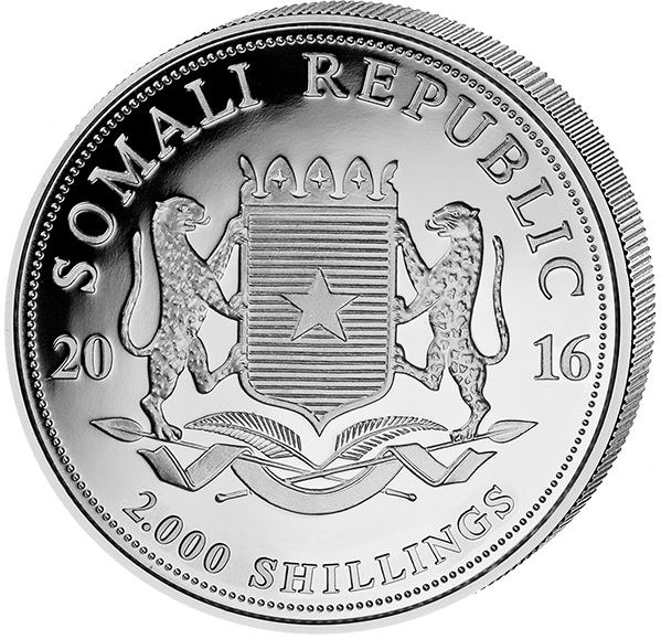 Rückseite der 1 kg Silbermünze Somalia Elefant 2016 mit dem somalischen Staatswappen.