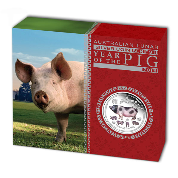 Umverpackung Lunar II Schwein 1 Unze Farbig Proof 2019
