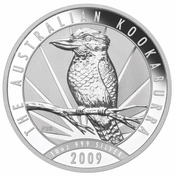 Motivseite der 10 oz Silbermünze Australien Kookaburra 2009 der Perth Mint.