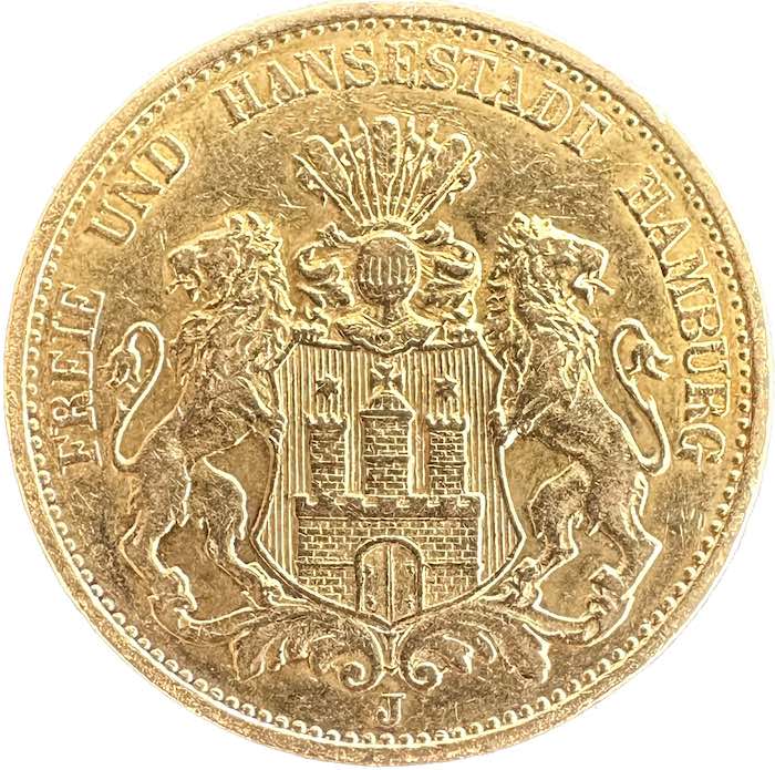 20 Mark Gold Hamburg Stadtwappen Jäger 212 Vorderseite