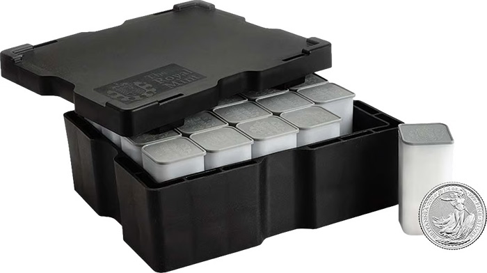 Britannia 1-4 Oz Silber Tubes und Masterbox auf einem Bild.