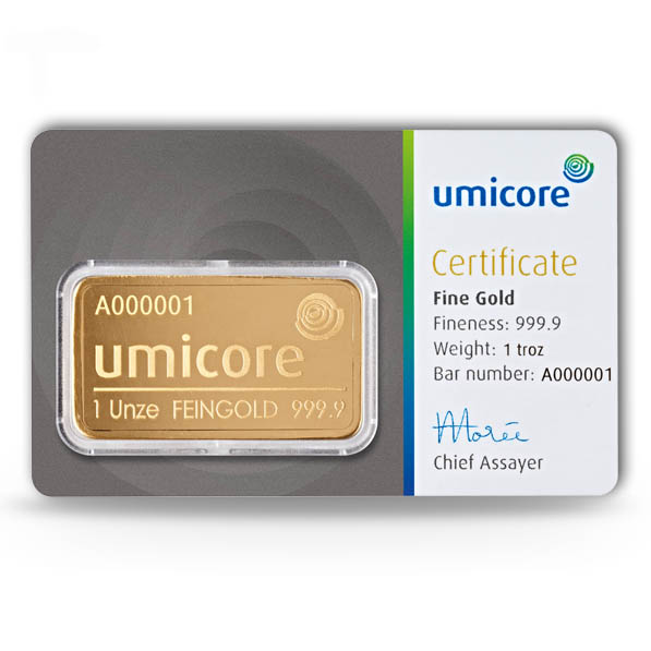 Umicore 1 Unze Goldbarren im Blister 