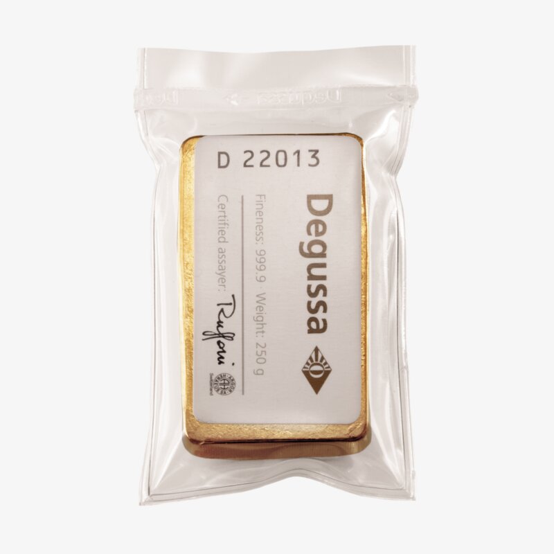 Degussa 250g Goldbarren Rückseite mit Echtheitszertifikat