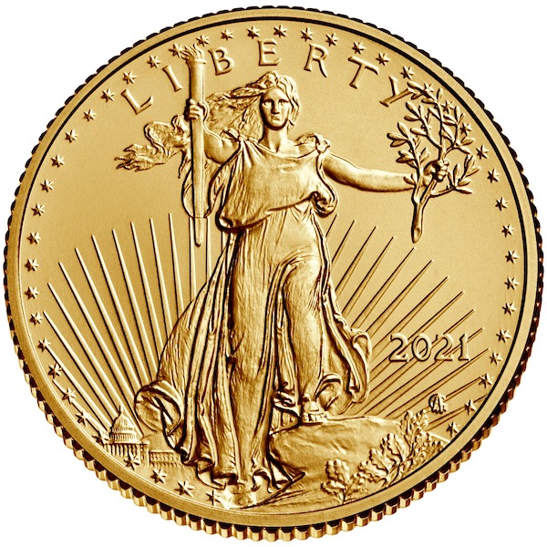 Vorderseite der 1 oz Goldmünze American Eagle mit der Lady Liberty.