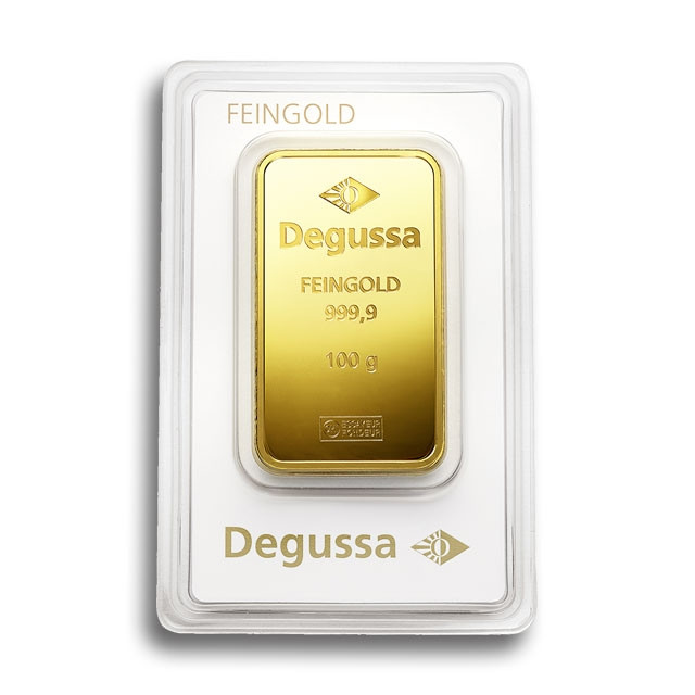 egussa 100 Gramm Goldbarren geprägt moderner weißer Blister
