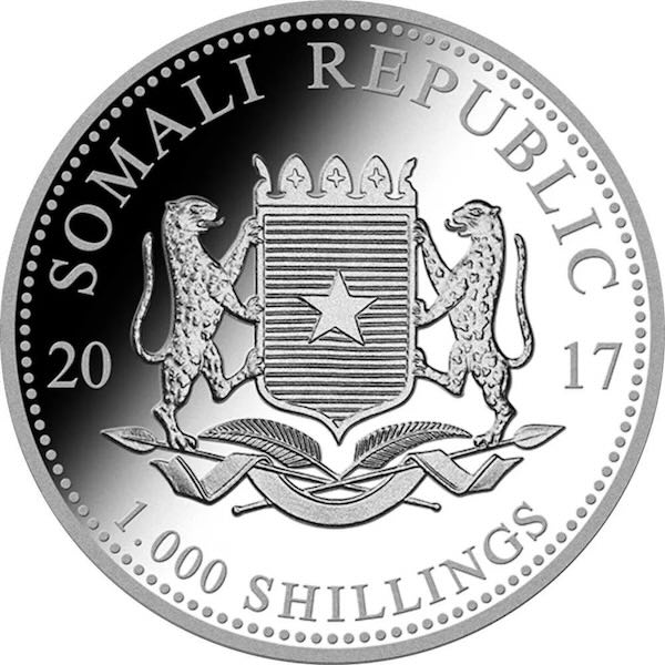 Wertseite Somalia Elefant 10 Unzen Silber 2017 Wappen