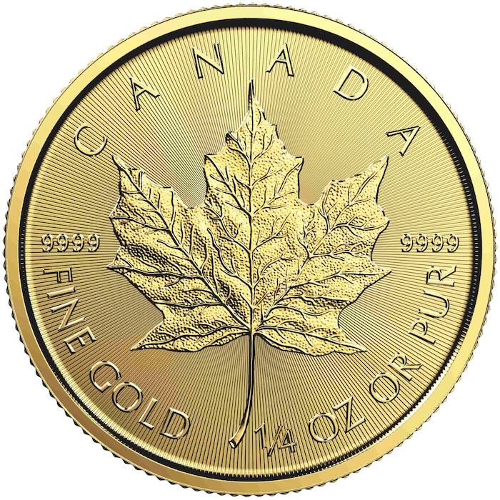 Vorderseite der 1/4 oz Goldmünze Maple Leaf mit dem ikonischen Ahornblatt.