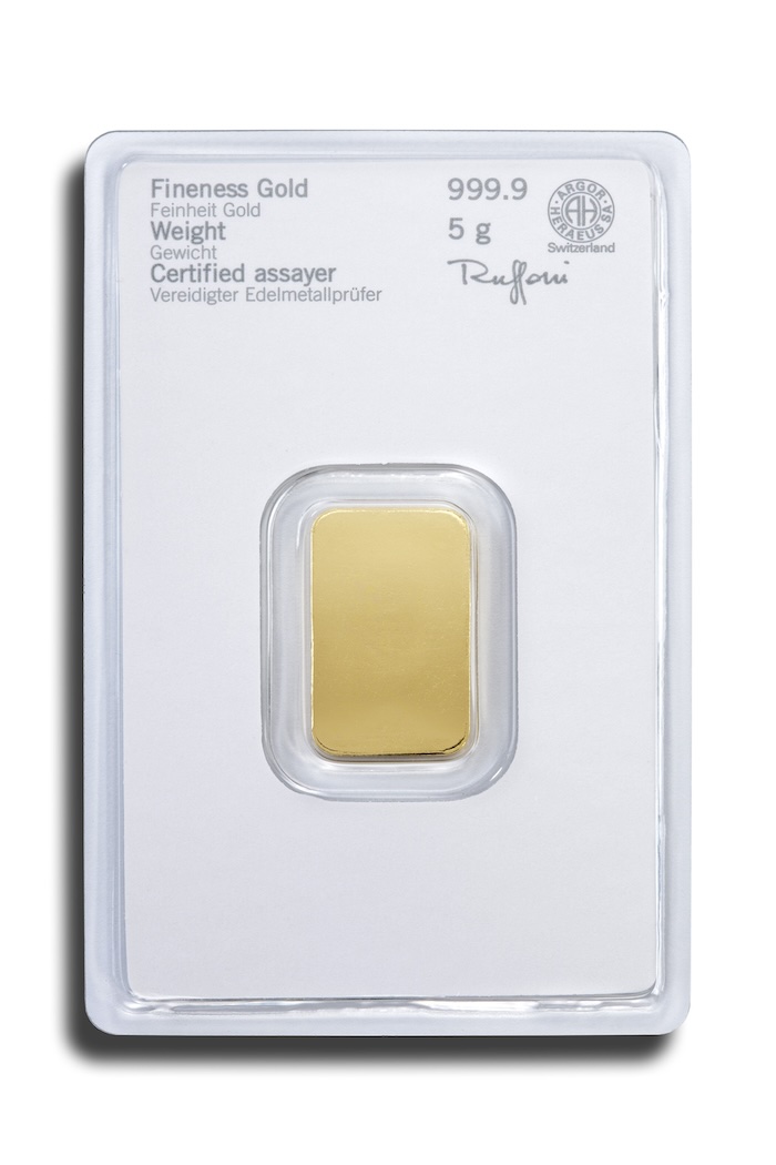 Rückseite 5 Gramm Goldbarren mit Angaben von Heraeus