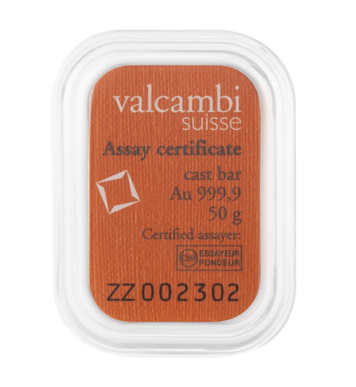 Valcambi 50 Gramm Gold gegossen