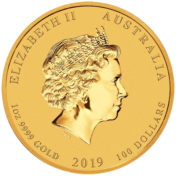 Wertseite der 1 oz Goldmünze Schwein 2019 mit dem Porträt von Queen Elizabeth II.