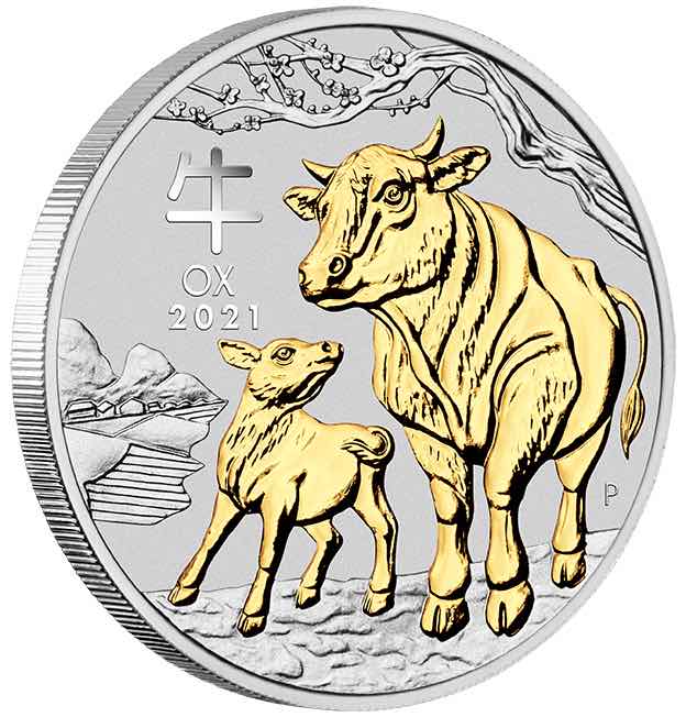 Lunar 3 - Ochse - 1 Oz Silber gilded +Zertifikat ohne Box*