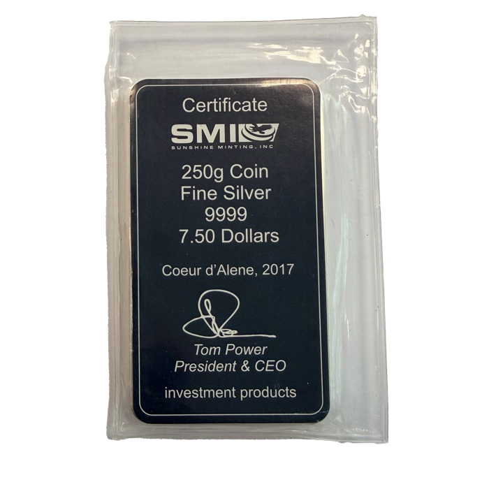 Sunshine Mint 250 Gramm Silberbarren Zertifikat.