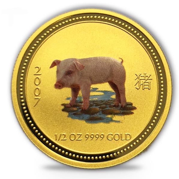 Lunar I Schwein 1/2 Unze Gold farbig 2007 