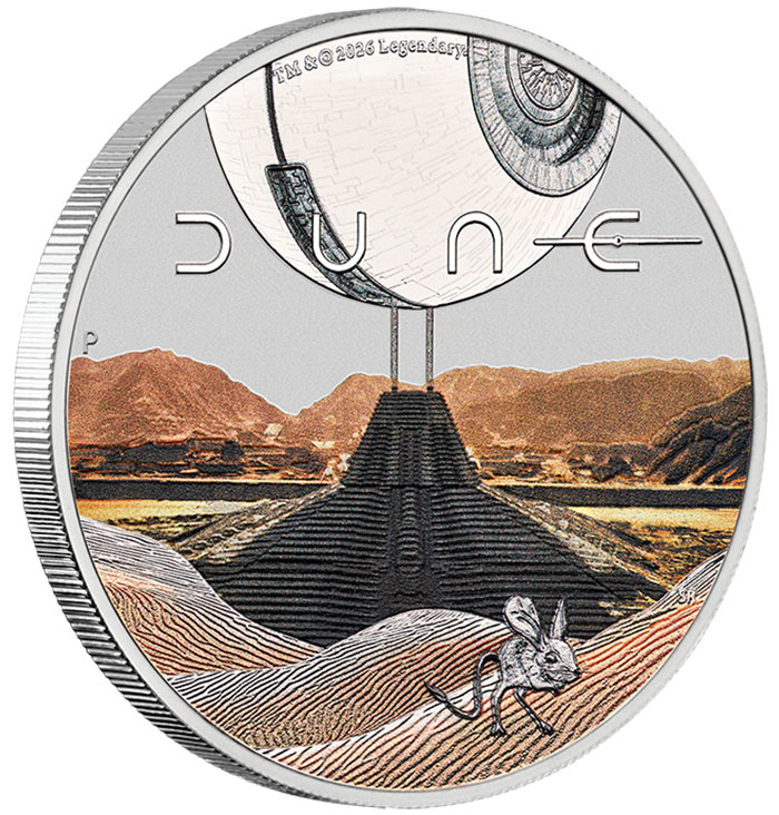 Dune 1 Oz Silbermünze farbig 2026 Revers Arrakis Motiv