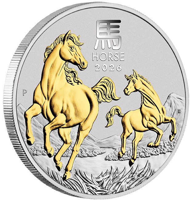Lunar 3 Pferd 1 Unze Silbermünze vergoldet 2026