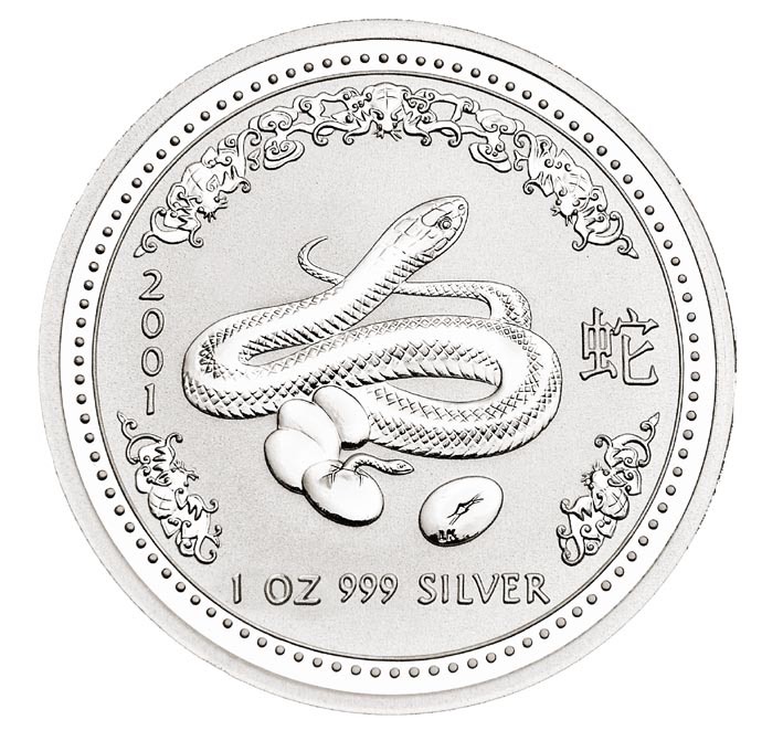 Motivseite der 1 oz Silbermünze Lunar I Schlange 2001 der Perth Mint.
