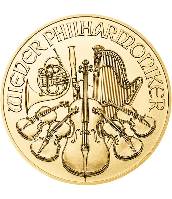 Rückseite der 1 oz Goldmünze Wiener Philharmoniker mit Orchesterinstrumenten.