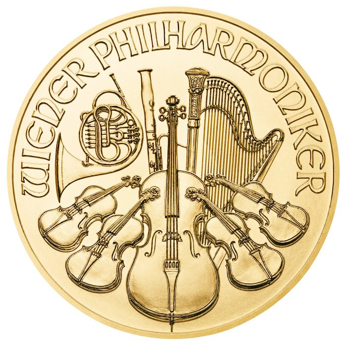 Motivseite der Wiener Philharmoniker 1/25 oz Goldmünze mit Instrumenten-Design.