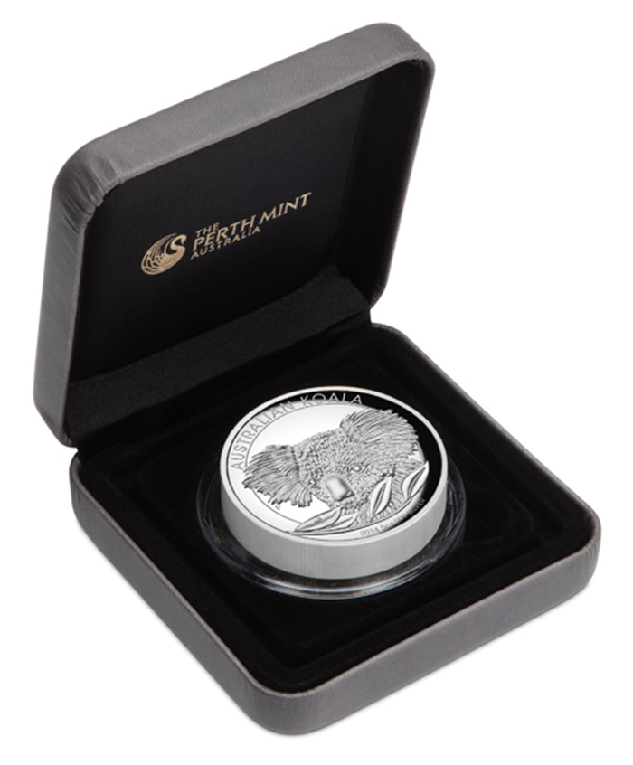 Australien Koala 5 Oz Silber High Relief Sammlerbox in schwarz mit Perth Mint Logo