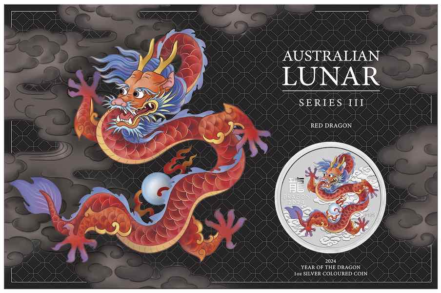Lunar 3 - Drache - 1 Unze - Red Dragon - coloriert 2024 im Blister*