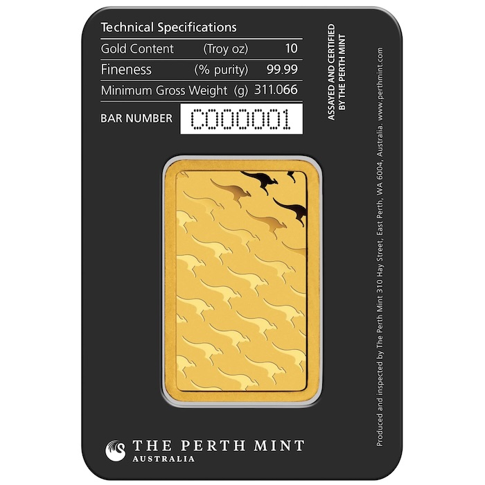 10 Oz Goldbarren Perth Mint Rückseite Zertifikat schwarze Certicard