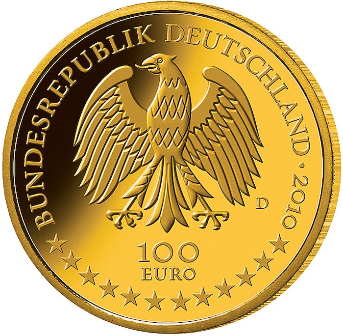 Wertseite der 100 Euro Goldmünze 2010 mit dem Bundesadler.