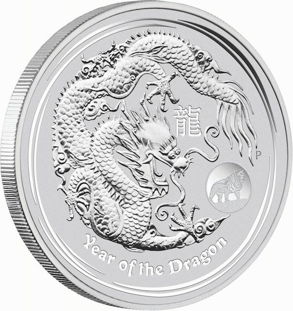 Motivseite Lunar II Drache 1 Unze Silber 2012 mit Privy Mark Löwe