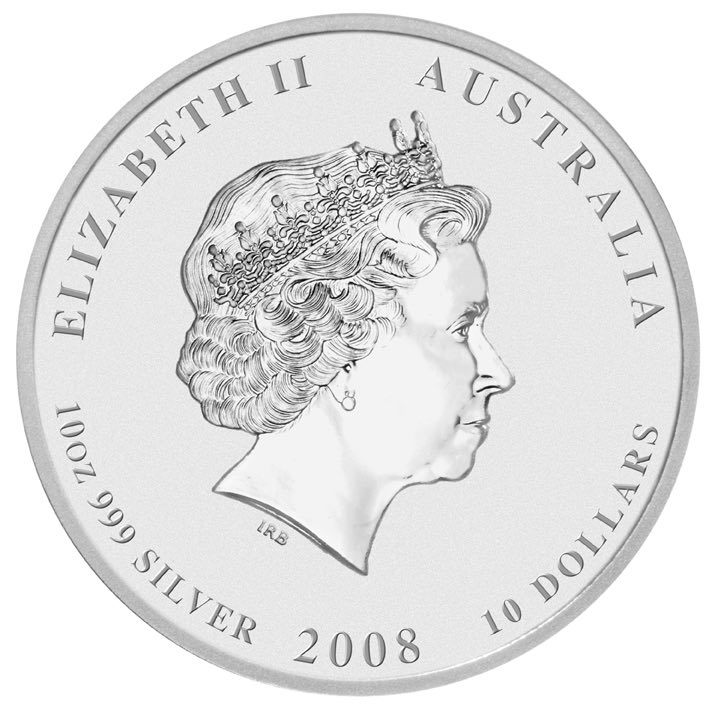 Wertseite der 10 oz Silbermünze Maus 2008 mit dem Porträt von Queen Elizabeth II.