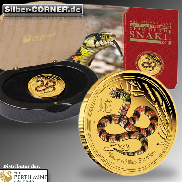 Lunar II Schlange 1/10 Oz Gold Proof farbig + Box + COA