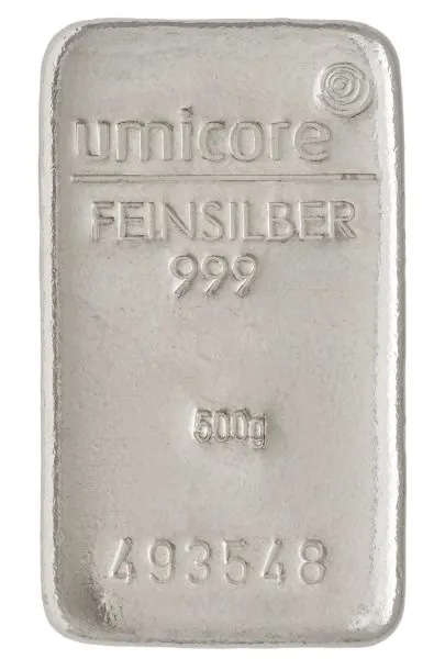 Umicore 500 Gramm Silberbarren Vorderseite Gussoptik