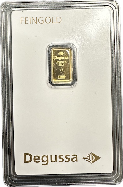 Degussa 1 Gramm Goldbarren aus Feingold 999.9 Vorderseite