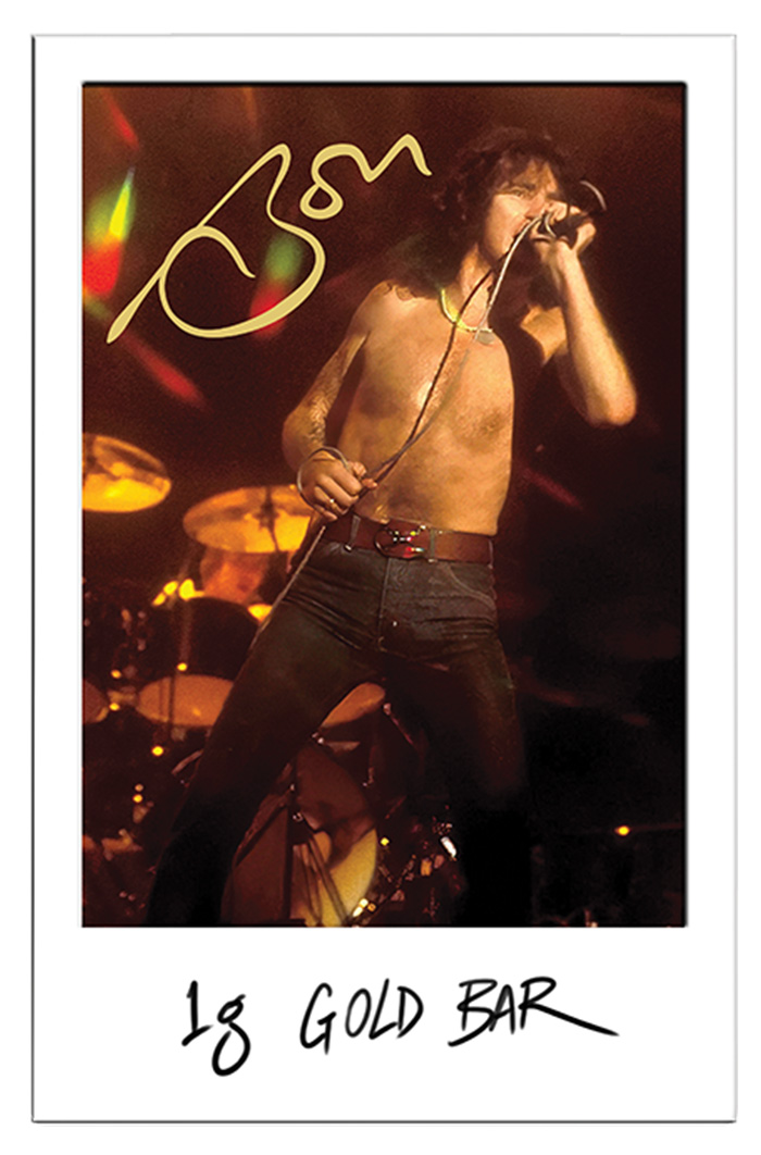 Bon Scott 1 Gramm Goldbarren Umverpackung mit Bild von Bon Scott
