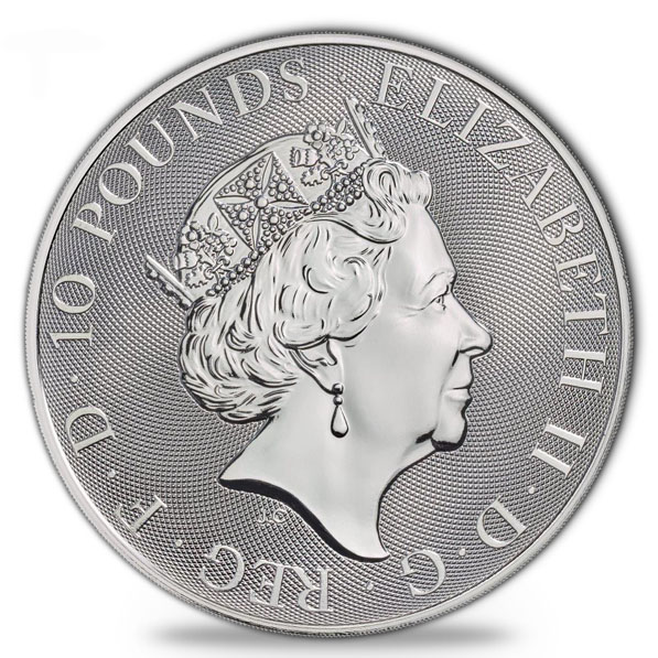 Wertseite der 10 oz Silbermünze Valiant 2018 mit Porträt von Queen Elizabeth II.