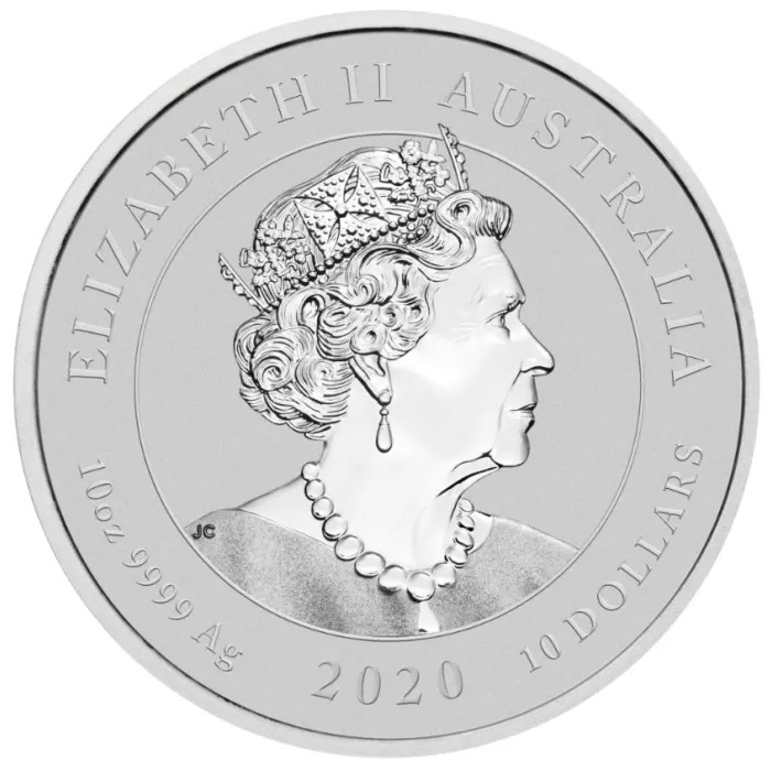 Wertseite der 10 oz Silbermünze Dragon & Tiger 2020 mit Queen Elizabeth II.