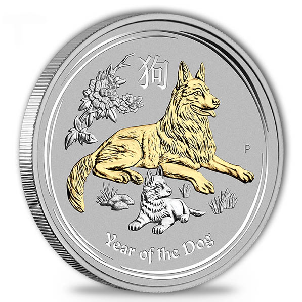 Lunar II 1 Unze Silber Hund 2018 vergoldet