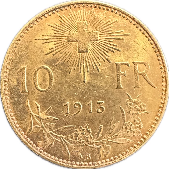Rückseite der 10 Franken Vreneli Goldmünze mit dem Schweizerkreuz und Nennwert