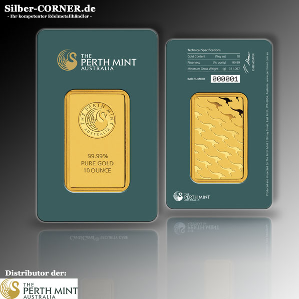 10 Oz Goldbarren Perth Mint ältere Verpackung mint grün