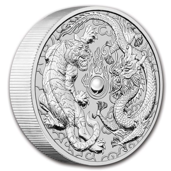 Motivseite der 10 oz Silbermünze Dragon & Tiger 2020 von der Perth Mint.
