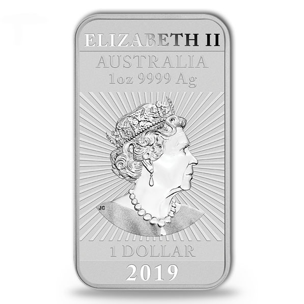 Rückseite der 1 oz Silber-Barrenmünze Drache 2019 mit Queen Elizabeth II. Porträt.