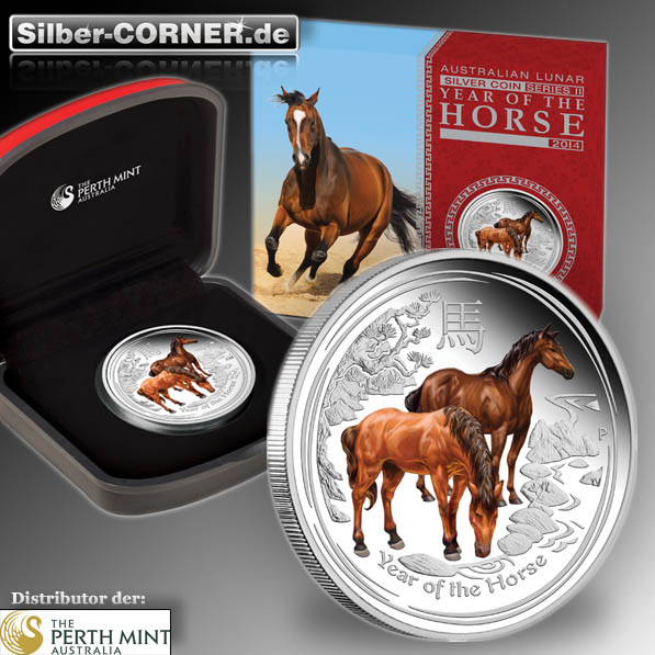 Lunar Pferd 1 Oz Silber Proof coloriert 2014