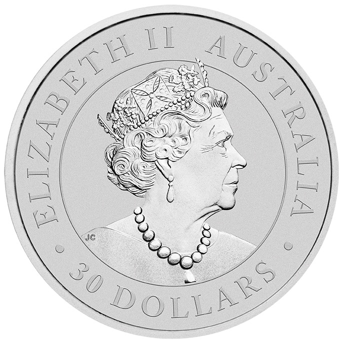 Wertseite der 1000g Silbermünze Koala 2020 mit Porträt von Queen Elizabeth II.