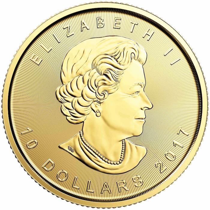 Rückseite der 1/4 oz Goldmünze Maple Leaf mit dem Porträt des jeweiligen Staatsoberhauptes.