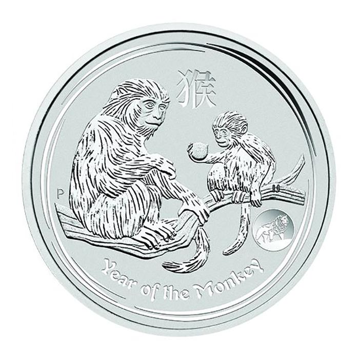 Motivseite Lunar II Affe 1 Unze Silber 2016 mit Privy Mark Löwe